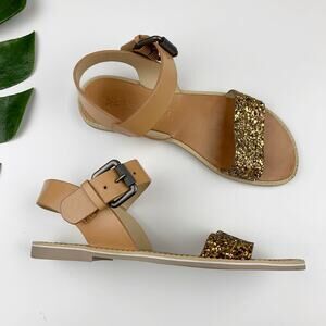 Vera Wang Febe Sandals Tan Leather Sparkly Gold Glitter Strap Buckle Women's 5